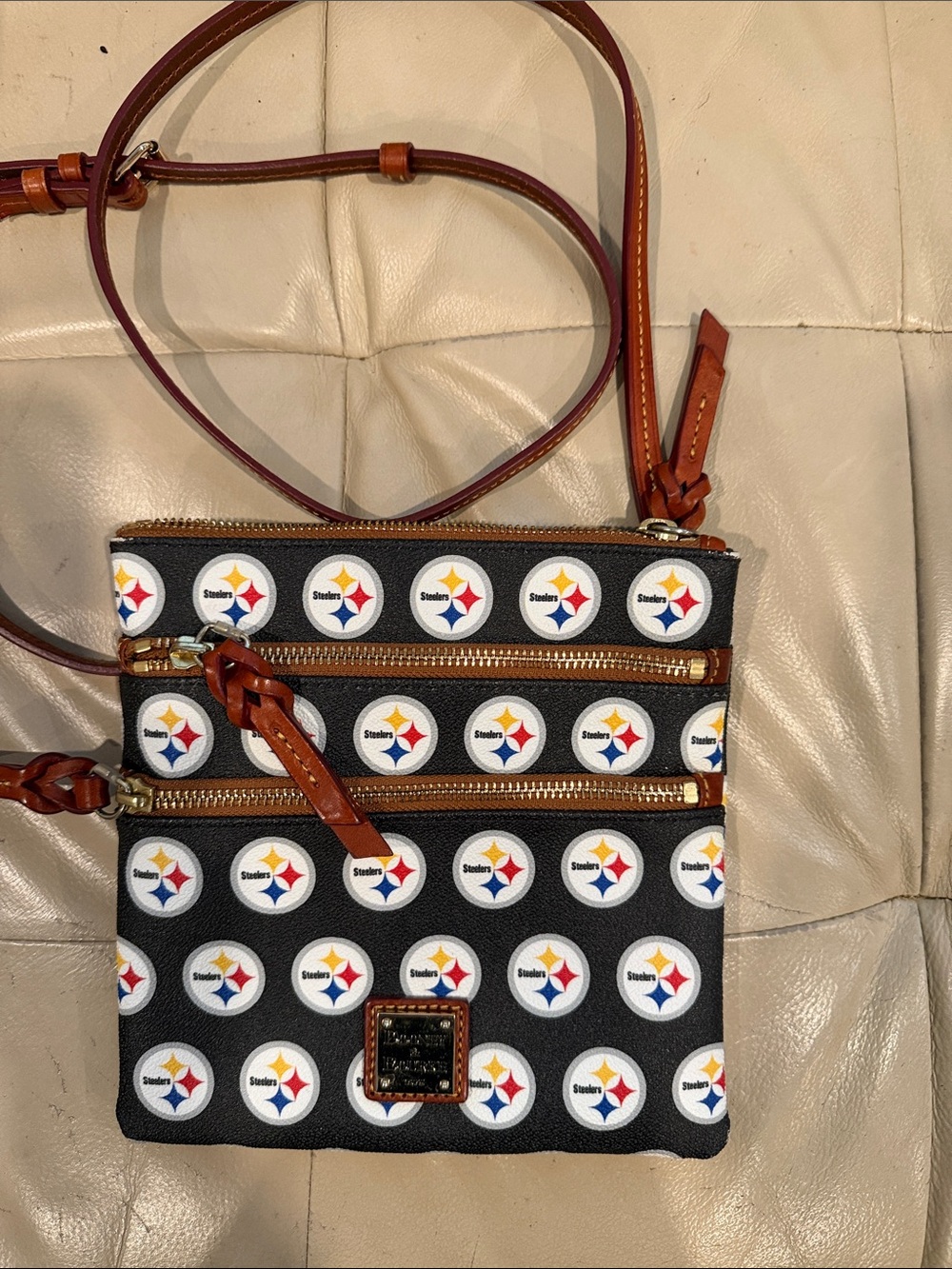 Dooney & Bourke Black Crossbody with Brown Trim and Multicolor Steelers Logos